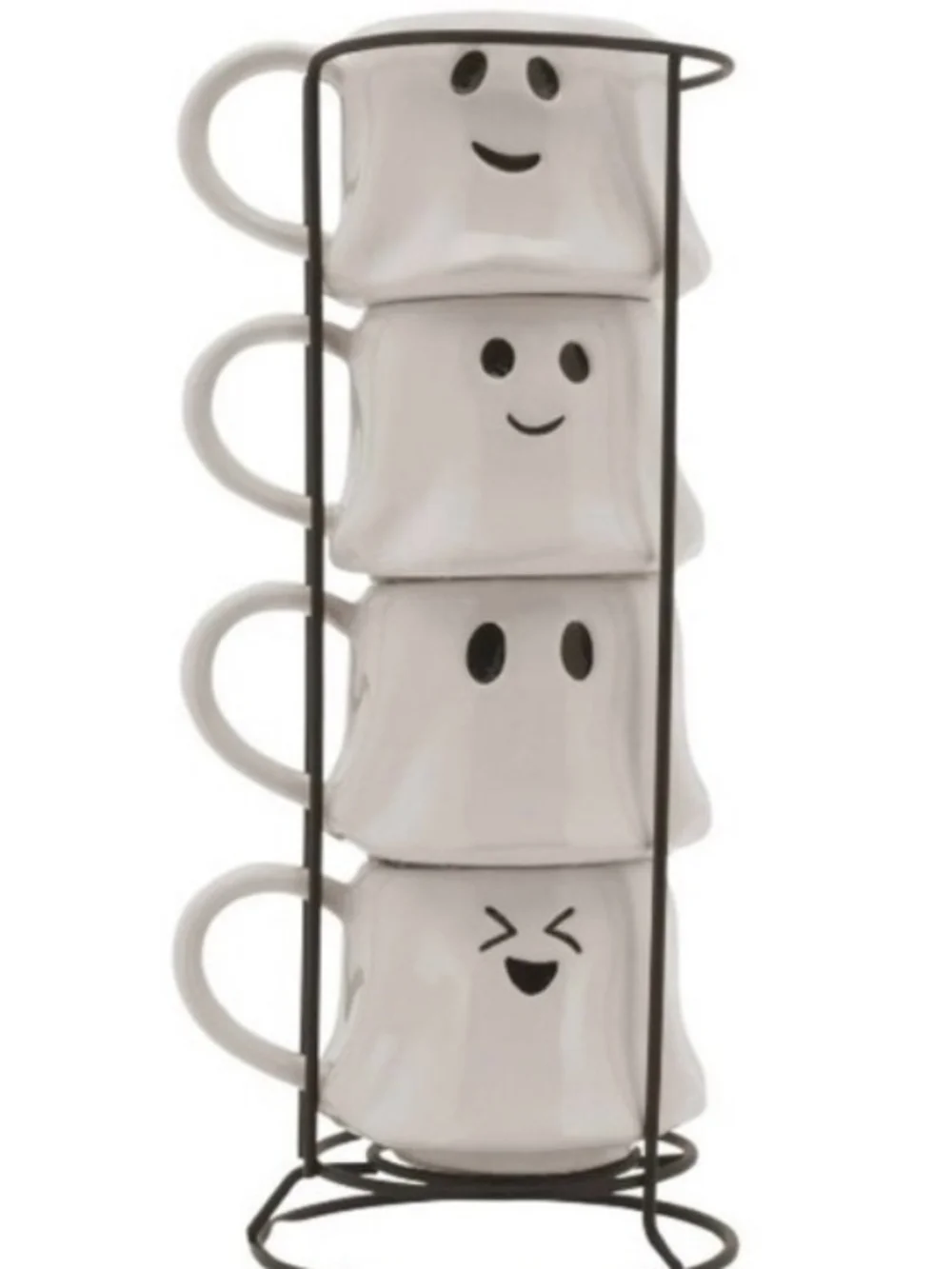 Stackable White Ghost Mugs Set with Metal Stand - Home Kitchen Halloween - NIB